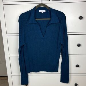 White + Warren Teal Ribbed Collared Sweater - L
